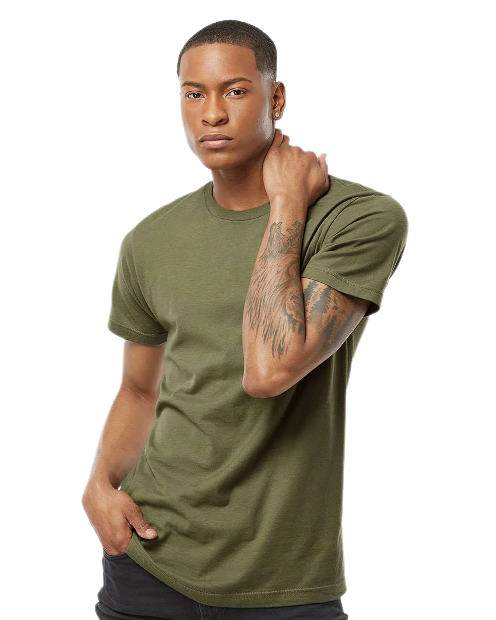Tultex 202 T-shirt in Military Green, shown on a model from the front.