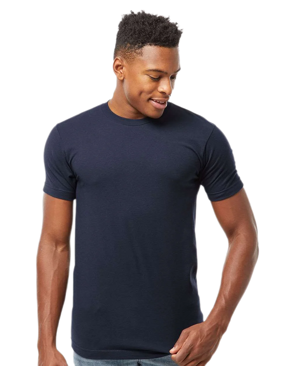 Tultex 202 T-shirt in Navy, shown on a model from the front.