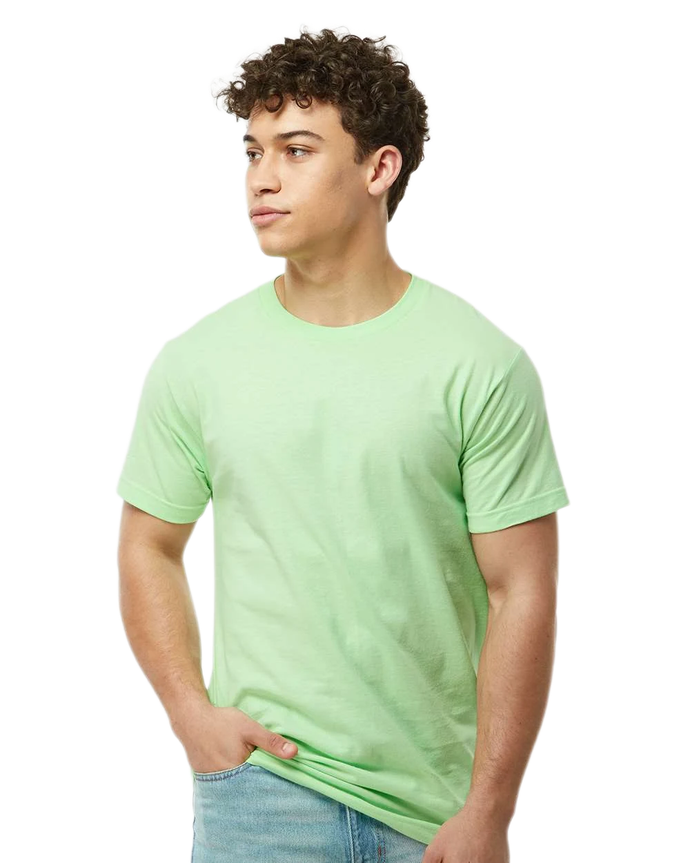 Tultex 202 T-shirt in Neo Mint, shown on a model from the front.