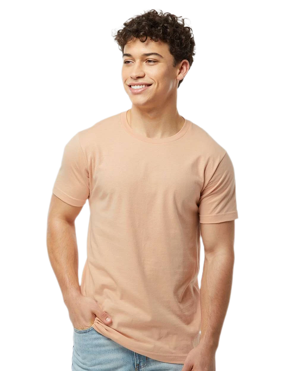 Tultex 202 T-shirt in Peach, shown on a model from the front.