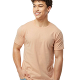 Tultex 202 T-shirt in Peach, shown on a model from the front.