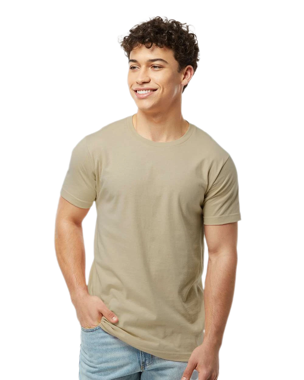 Tultex 202 T-shirt in Sand, shown on a model from the front.