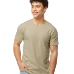 Tultex 202 T-shirt in Sand, shown on a model from the front.