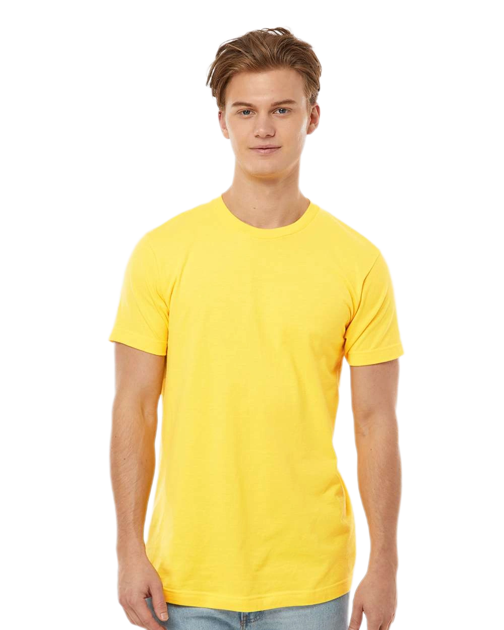 Tultex 202 T-shirt in Sunshine, shown on a model from the front.