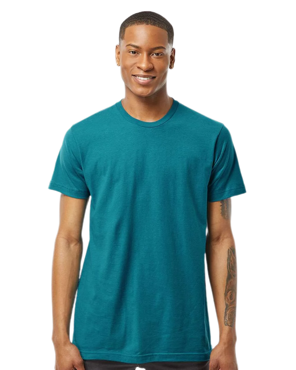 Tultex 202 T-shirt in Teal, shown on a model from the front.