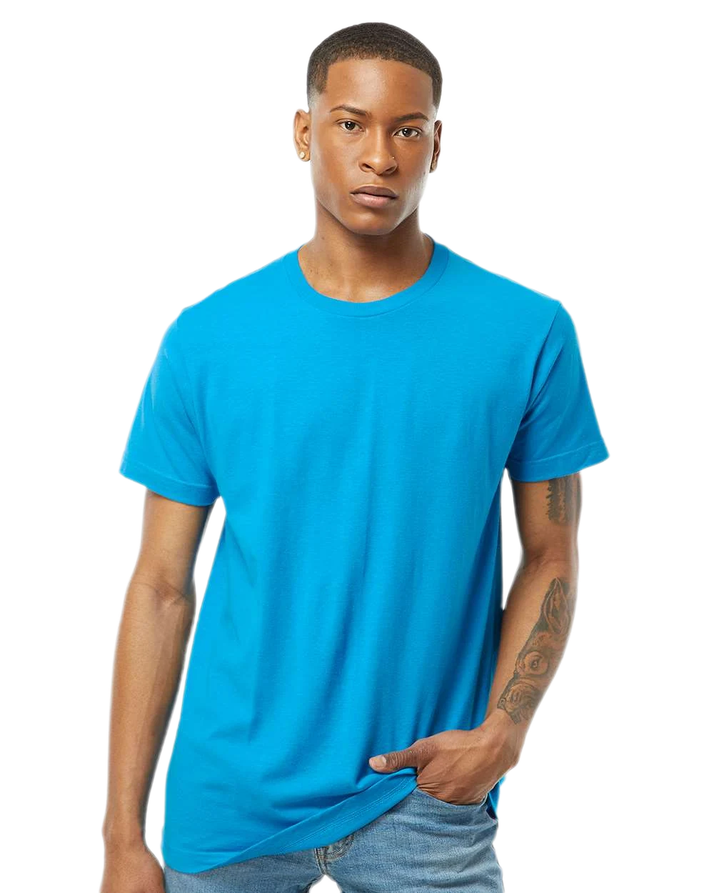 Tultex 202 T-shirt in Turquoise, shown on a model from the front.