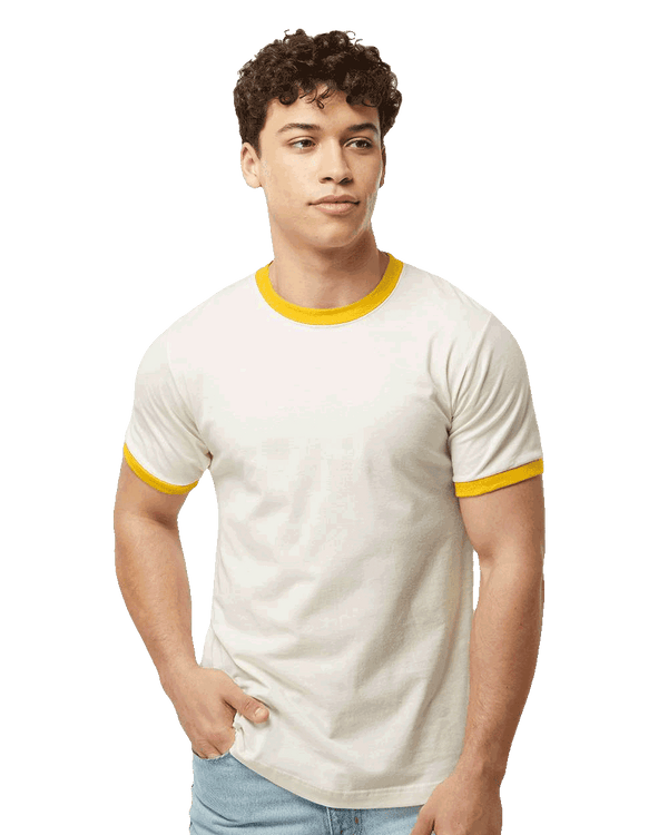 Tultex Fine Jersey Ringer T-Shirt 246 in vintage white with mellow yellow accents — Stylish retro blank tee perfect for custom printing, graphic designs, or personalized streetwear.