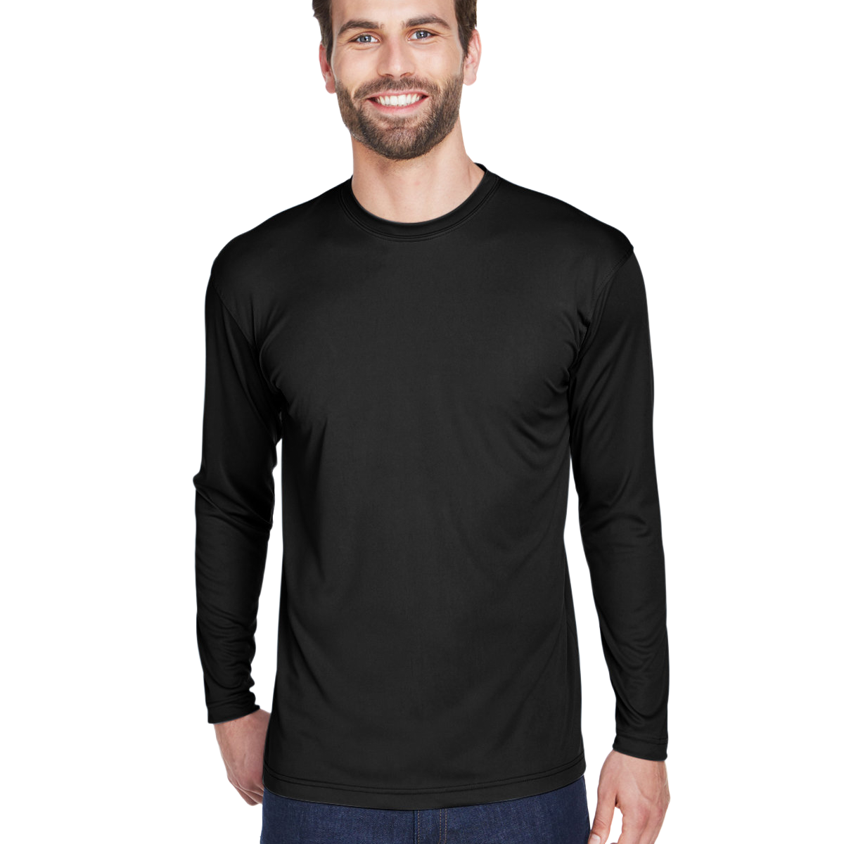 Man wearing an UltraClub Adult Cool & Dry Performance Sport Long-Sleeve T-Shirt in Black.