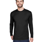 Man wearing an UltraClub Adult Cool & Dry Performance Sport Long-Sleeve T-Shirt in Black.