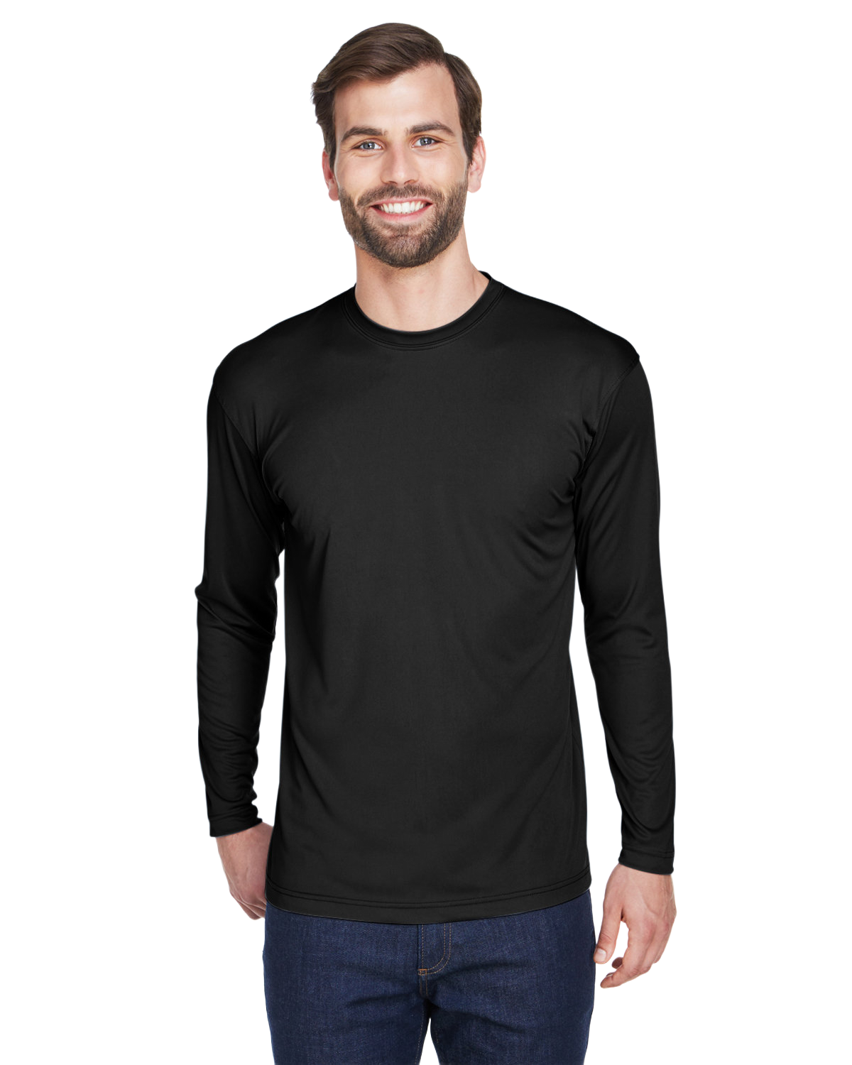 Man wearing an UltraClub Adult Cool & Dry Performance Sport Long-Sleeve T-Shirt in Black.