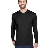 Man wearing an UltraClub Adult Cool & Dry Performance Sport Long-Sleeve T-Shirt in Black.