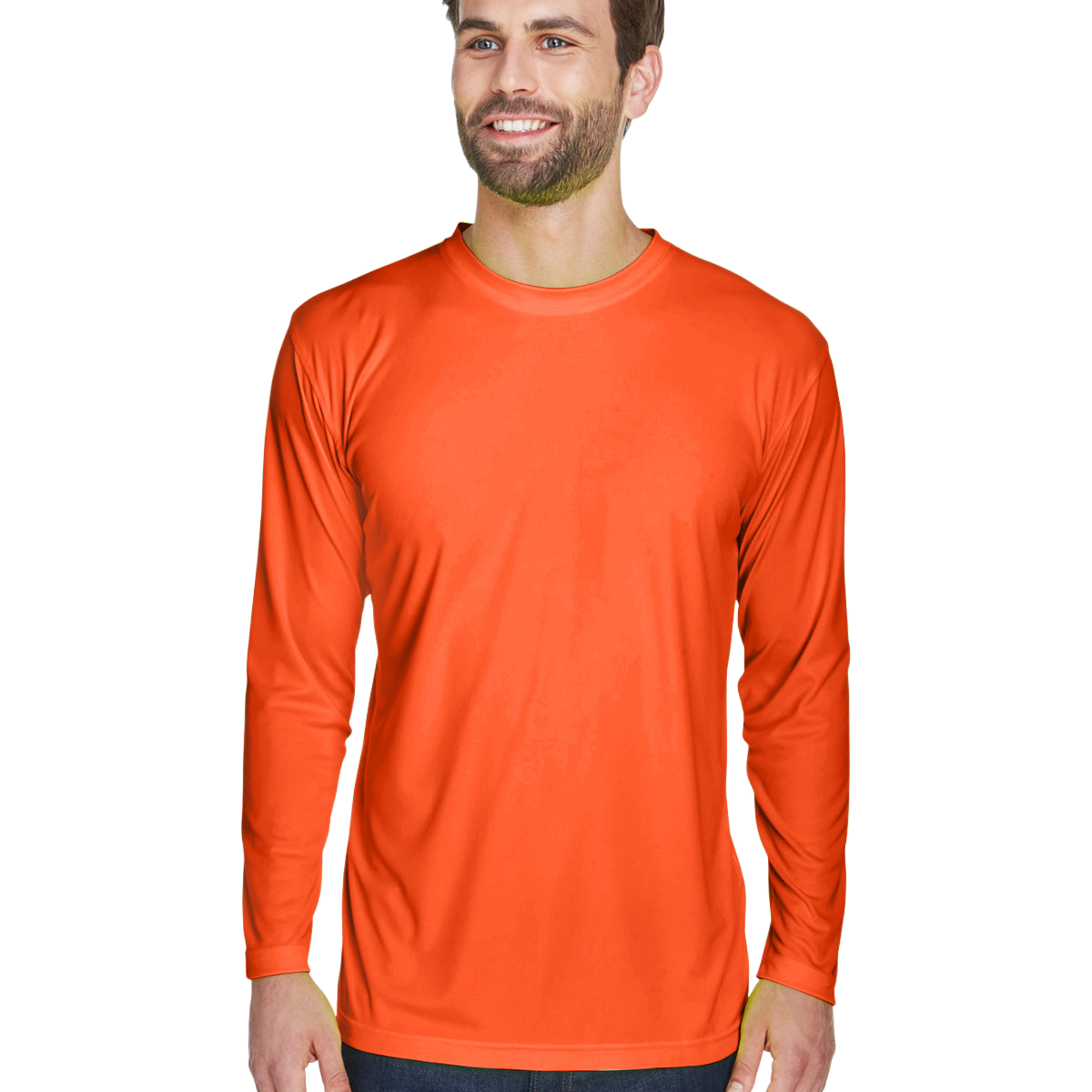 Man wearing an UltraClub Adult Cool & Dry Performance Sport Long-Sleeve T-Shirt in Bright Orange.