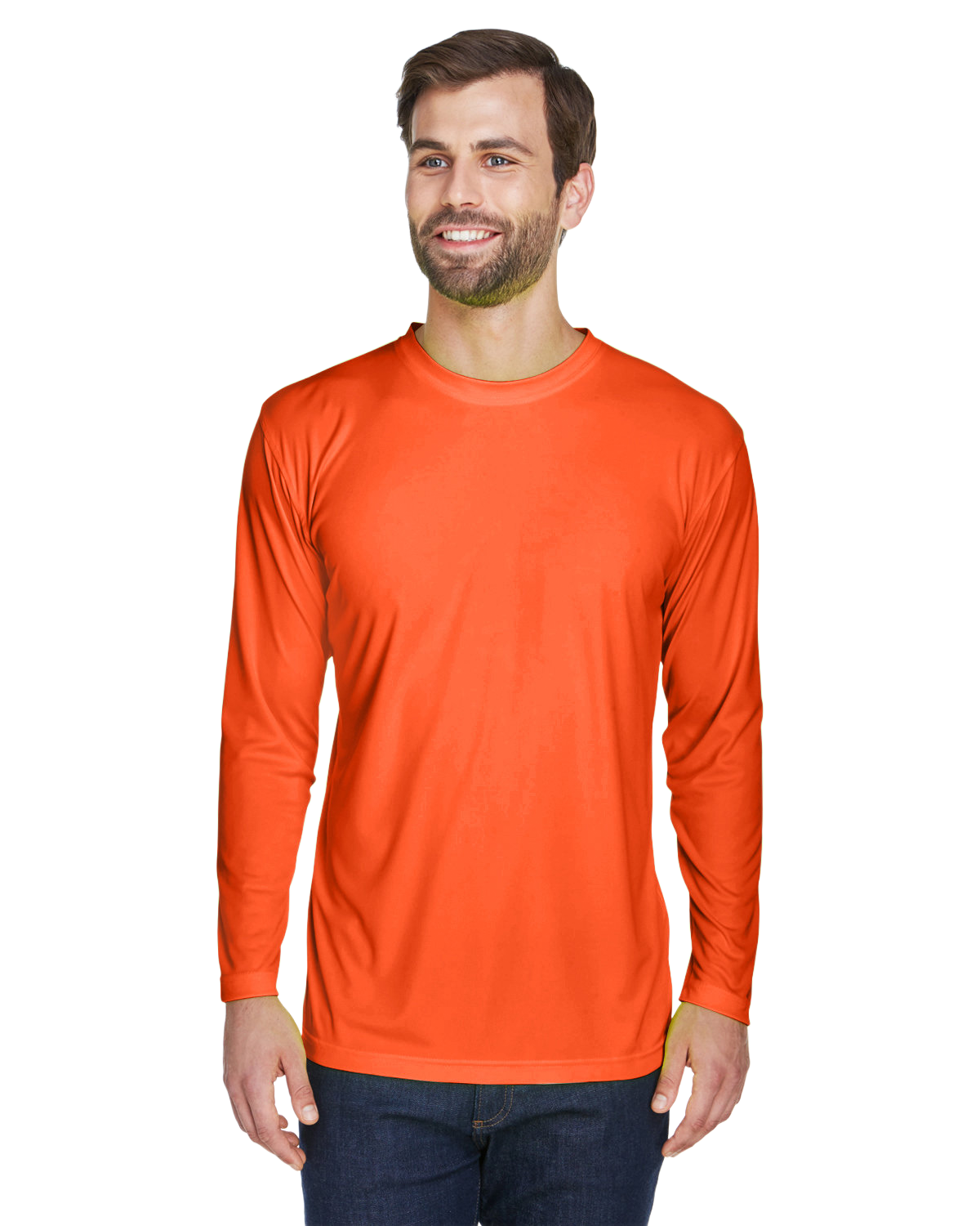 Man wearing an UltraClub Adult Cool & Dry Performance Sport Long-Sleeve T-Shirt in Bright Orange.