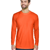 Man wearing an UltraClub Adult Cool & Dry Performance Sport Long-Sleeve T-Shirt in Bright Orange.