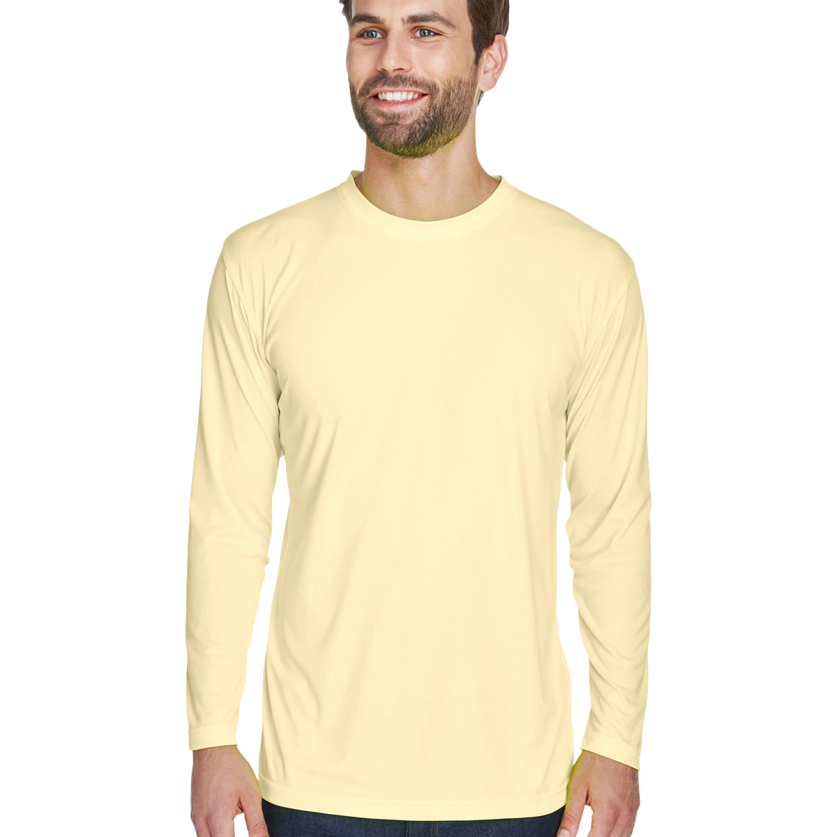 Man wearing an UltraClub Adult Cool & Dry Performance Sport Long-Sleeve T-Shirt in Butter.