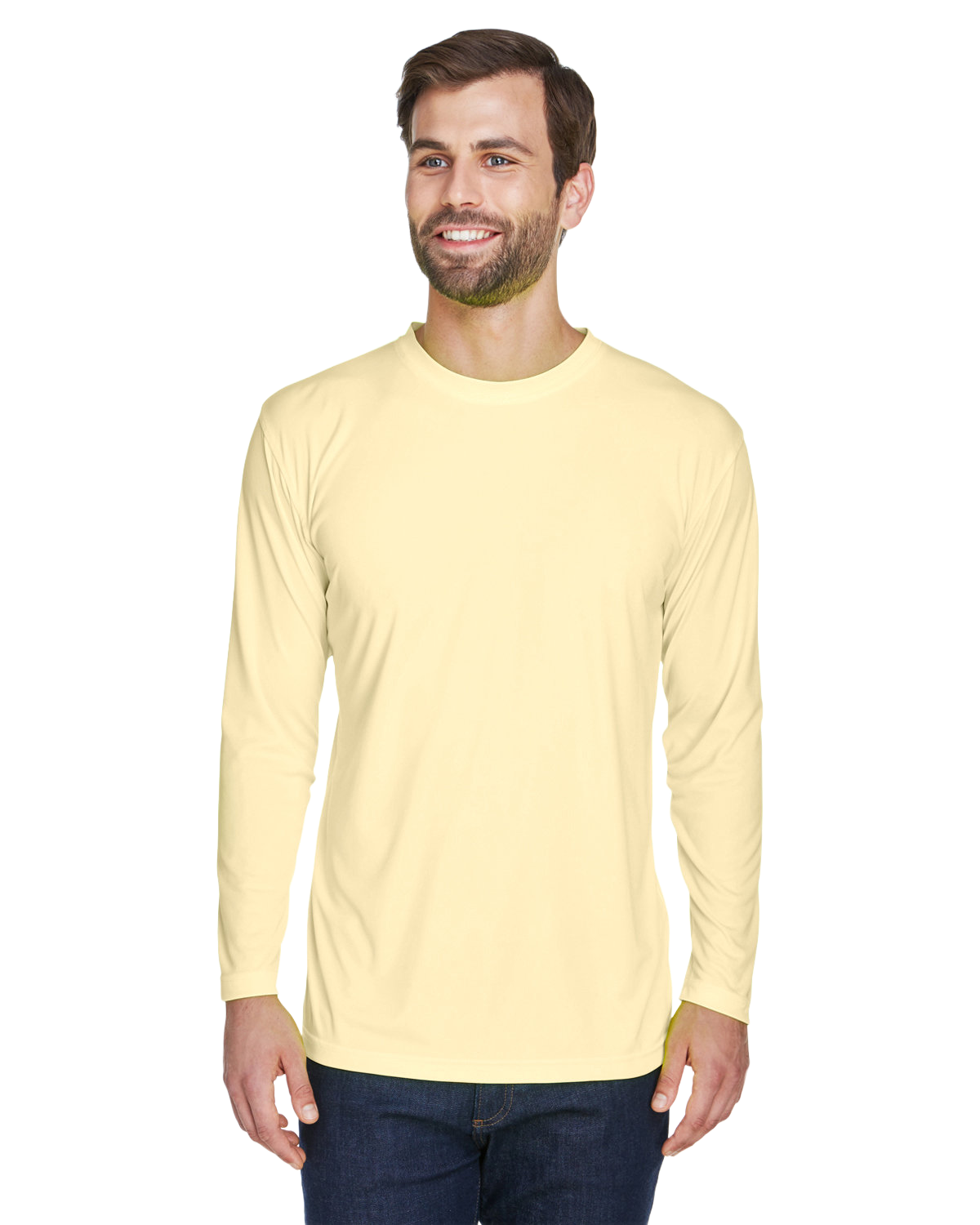 Man wearing an UltraClub Adult Cool & Dry Performance Sport Long-Sleeve T-Shirt in Butter.