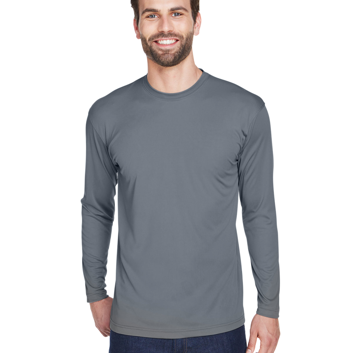 Man wearing an UltraClub Adult Cool & Dry Performance Sport Long-Sleeve T-Shirt in Charcoal.