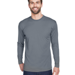 Man wearing an UltraClub Adult Cool & Dry Performance Sport Long-Sleeve T-Shirt in Charcoal.