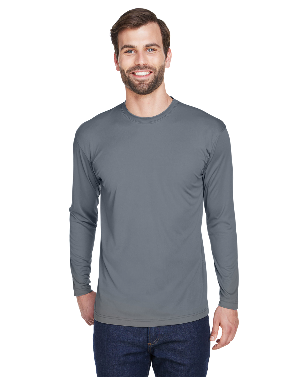 Man wearing an UltraClub Adult Cool & Dry Performance Sport Long-Sleeve T-Shirt in Charcoal.