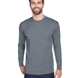 Man wearing an UltraClub Adult Cool & Dry Performance Sport Long-Sleeve T-Shirt in Charcoal.