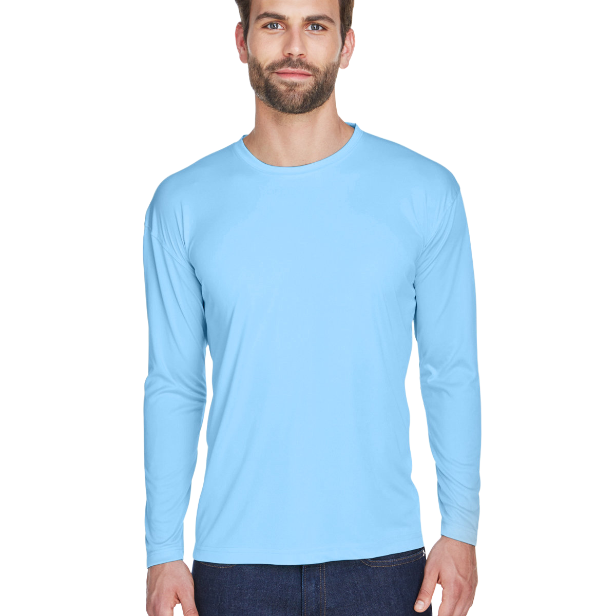 Man wearing an UltraClub Adult Cool & Dry Performance Sport Long-Sleeve T-Shirt in Columbia Blue.