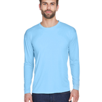 Man wearing an UltraClub Adult Cool & Dry Performance Sport Long-Sleeve T-Shirt in Columbia Blue.