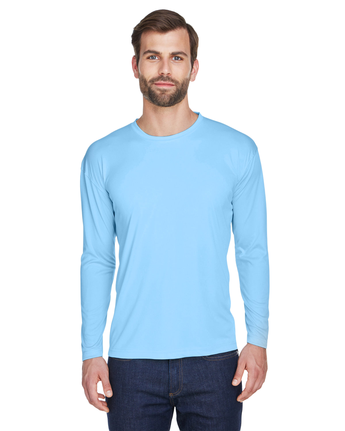 Man wearing an UltraClub Adult Cool & Dry Performance Sport Long-Sleeve T-Shirt in Columbia Blue.