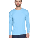 Man wearing an UltraClub Adult Cool & Dry Performance Sport Long-Sleeve T-Shirt in Columbia Blue.