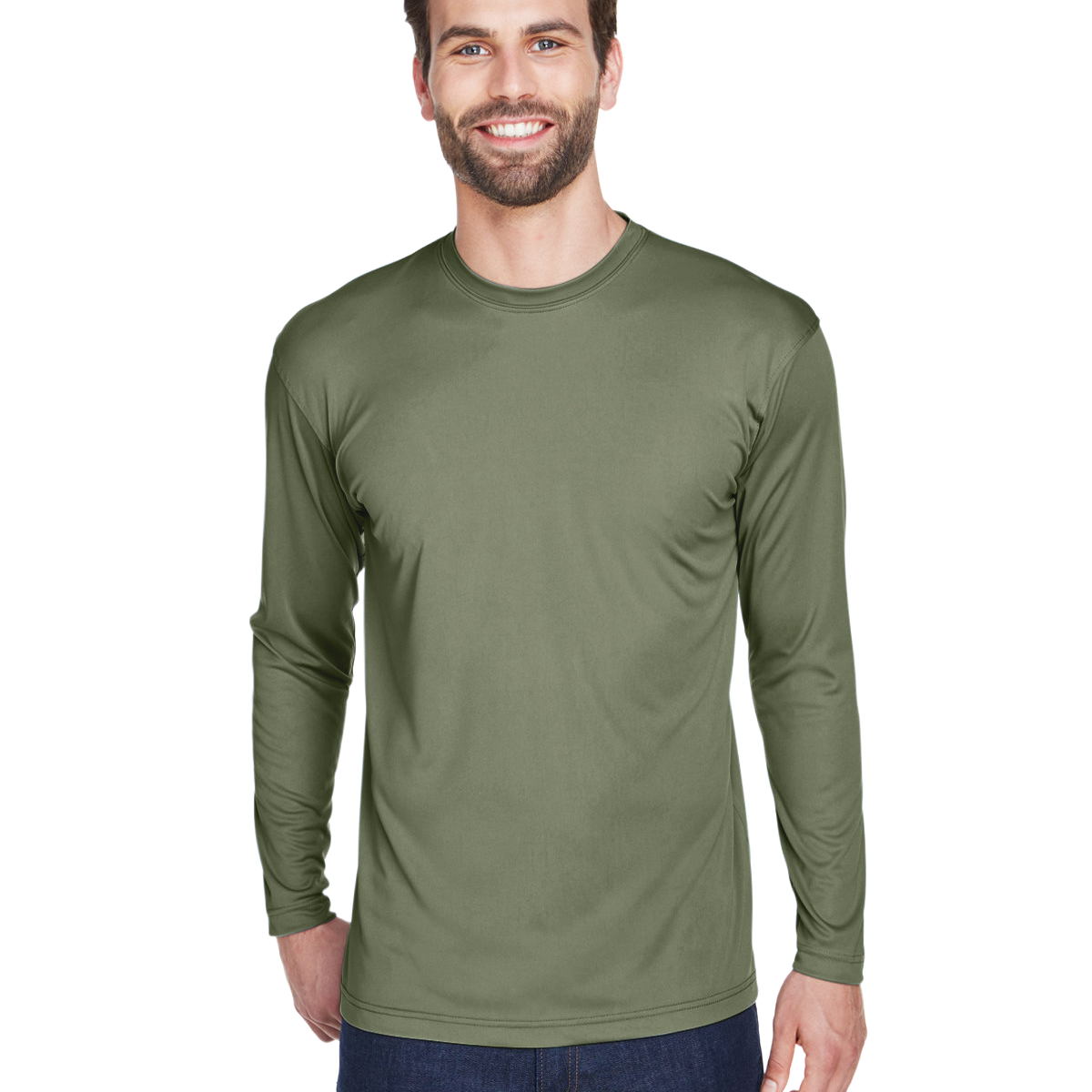 Man wearing an UltraClub Adult Cool & Dry Performance Sport Long-Sleeve T-Shirt in Military Green.