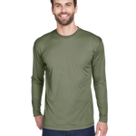 Man wearing an UltraClub Adult Cool & Dry Performance Sport Long-Sleeve T-Shirt in Military Green.