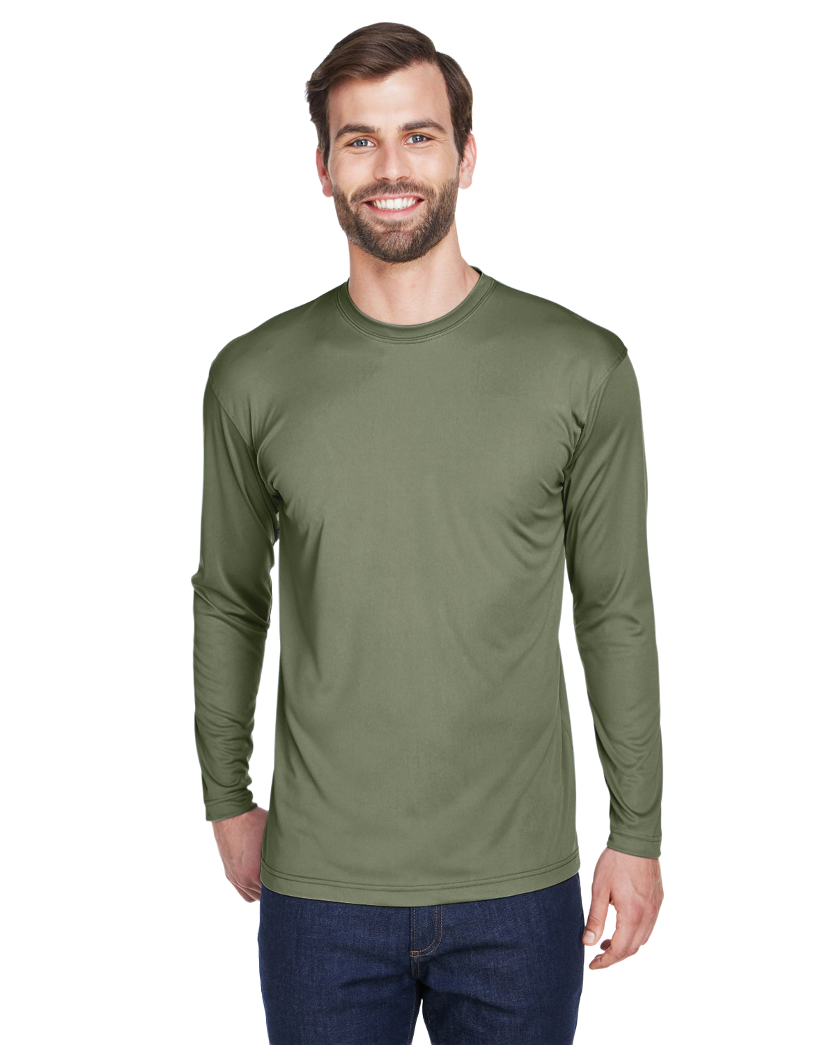 Man wearing an UltraClub Adult Cool & Dry Performance Sport Long-Sleeve T-Shirt in Military Green.