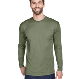 Man wearing an UltraClub Adult Cool & Dry Performance Sport Long-Sleeve T-Shirt in Military Green.