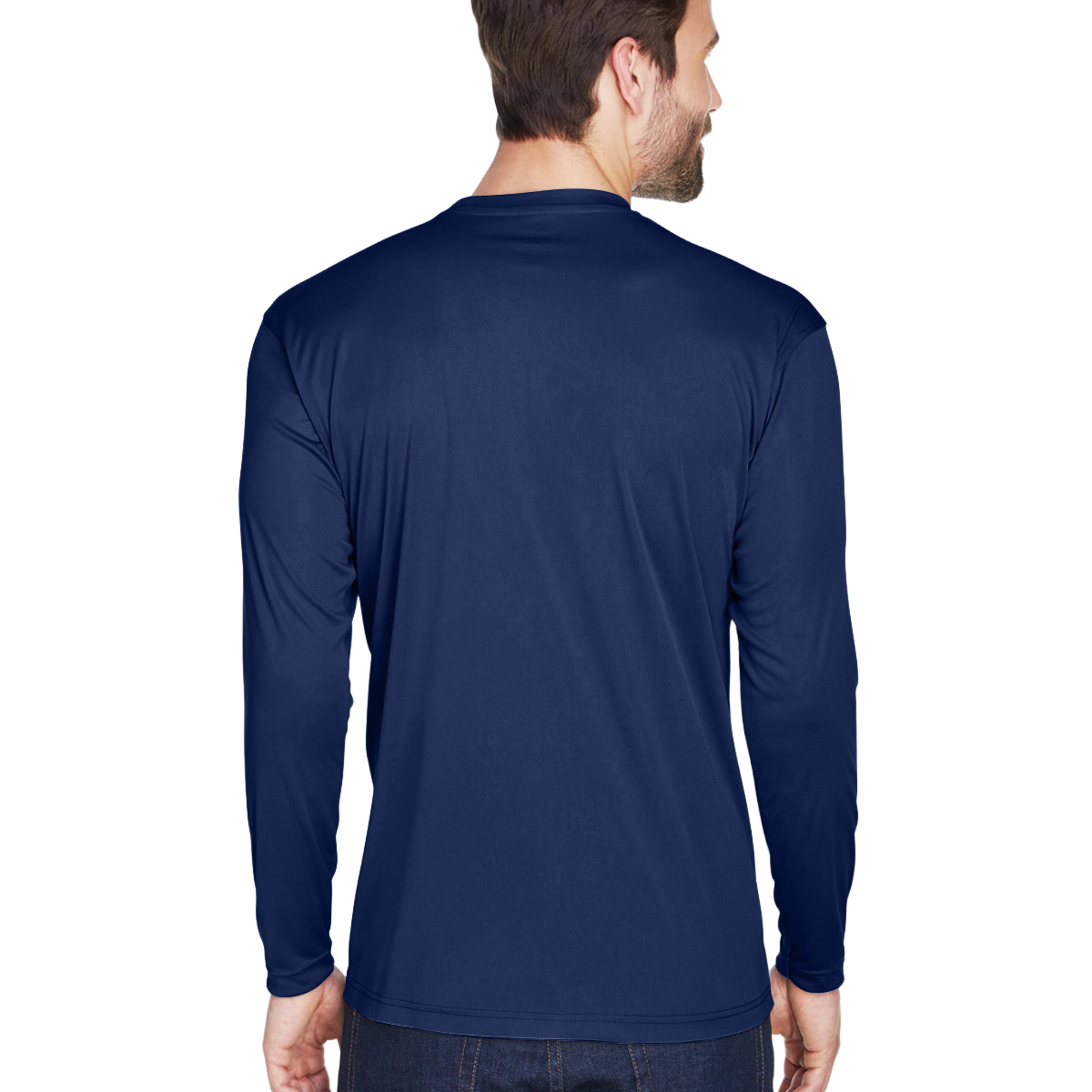 Rear view of a man wearing an UltraClub Adult Cool & Dry Performance Sport Long-Sleeve T-Shirt in Navy.