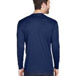 Rear view of a man wearing an UltraClub Adult Cool & Dry Performance Sport Long-Sleeve T-Shirt in Navy.