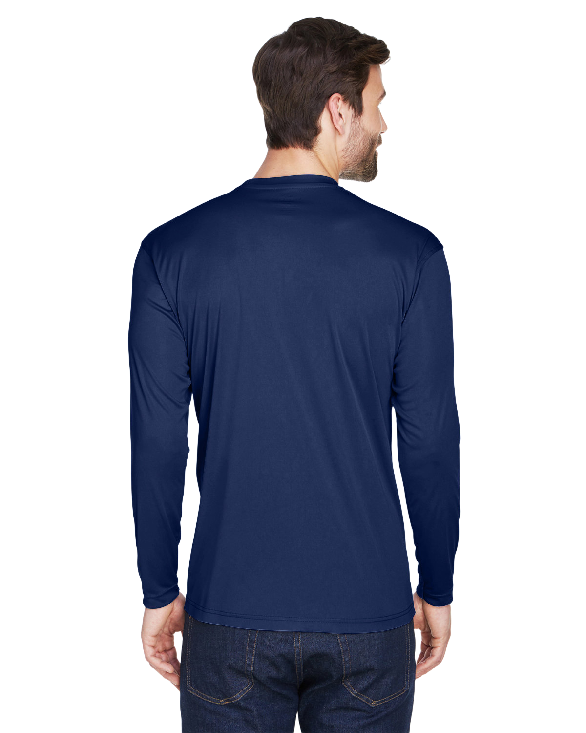 Rear view of a man wearing an UltraClub Adult Cool & Dry Performance Sport Long-Sleeve T-Shirt in Navy.