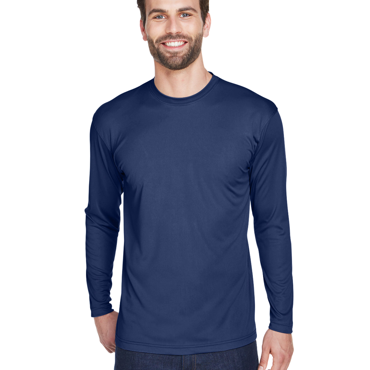 Man wearing an UltraClub Adult Cool & Dry Performance Sport Long-Sleeve T-Shirt in Navy.