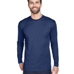 Man wearing an UltraClub Adult Cool & Dry Performance Sport Long-Sleeve T-Shirt in Navy.