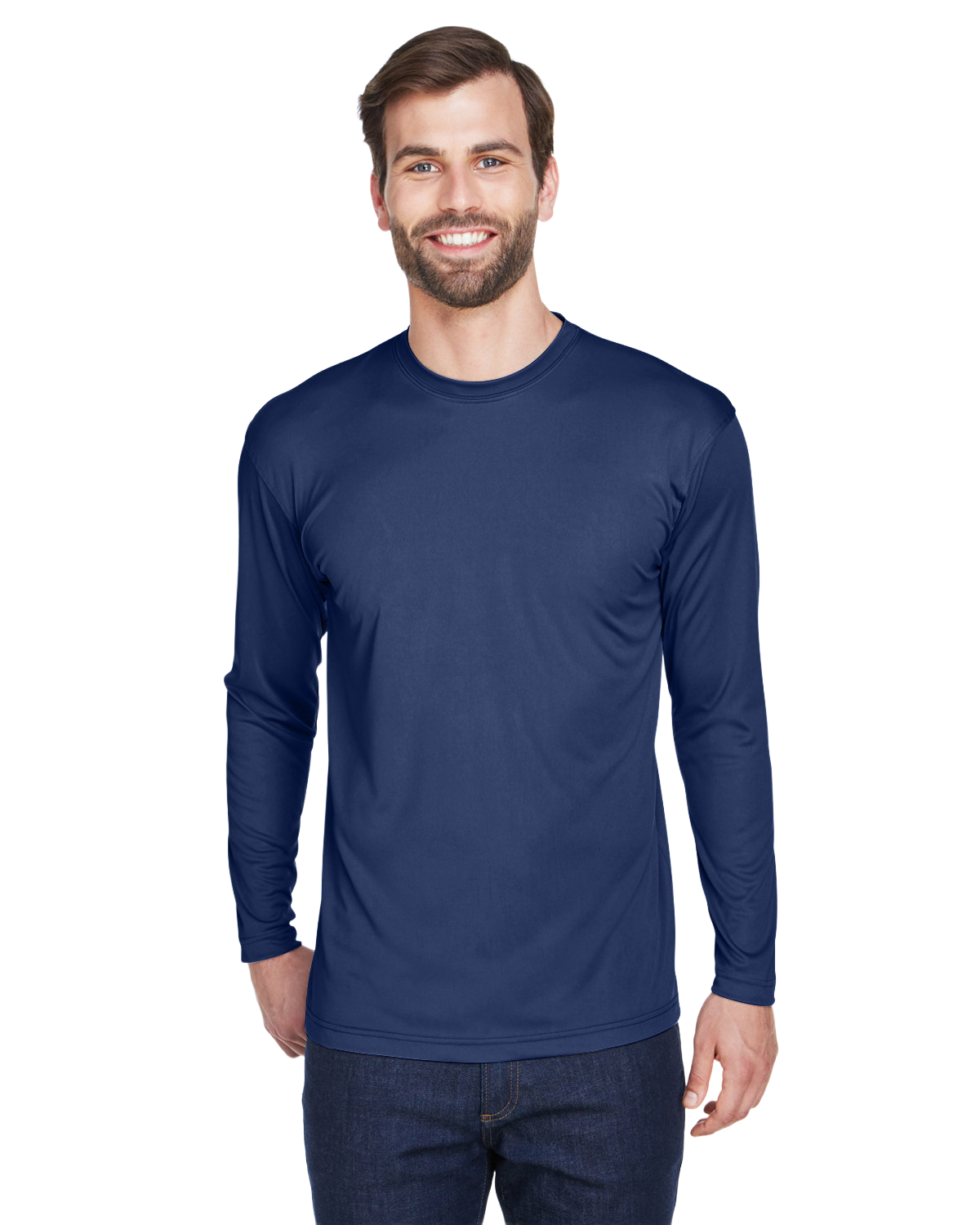 Man wearing an UltraClub Adult Cool & Dry Performance Sport Long-Sleeve T-Shirt in Navy.