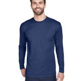 Man wearing an UltraClub Adult Cool & Dry Performance Sport Long-Sleeve T-Shirt in Navy.