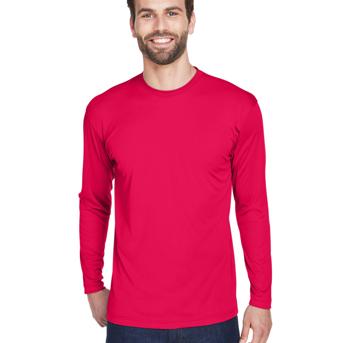 Man wearing an UltraClub Adult Cool & Dry Performance Sport Long-Sleeve T-Shirt in Red.