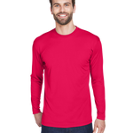 Man wearing an UltraClub Adult Cool & Dry Performance Sport Long-Sleeve T-Shirt in Red.