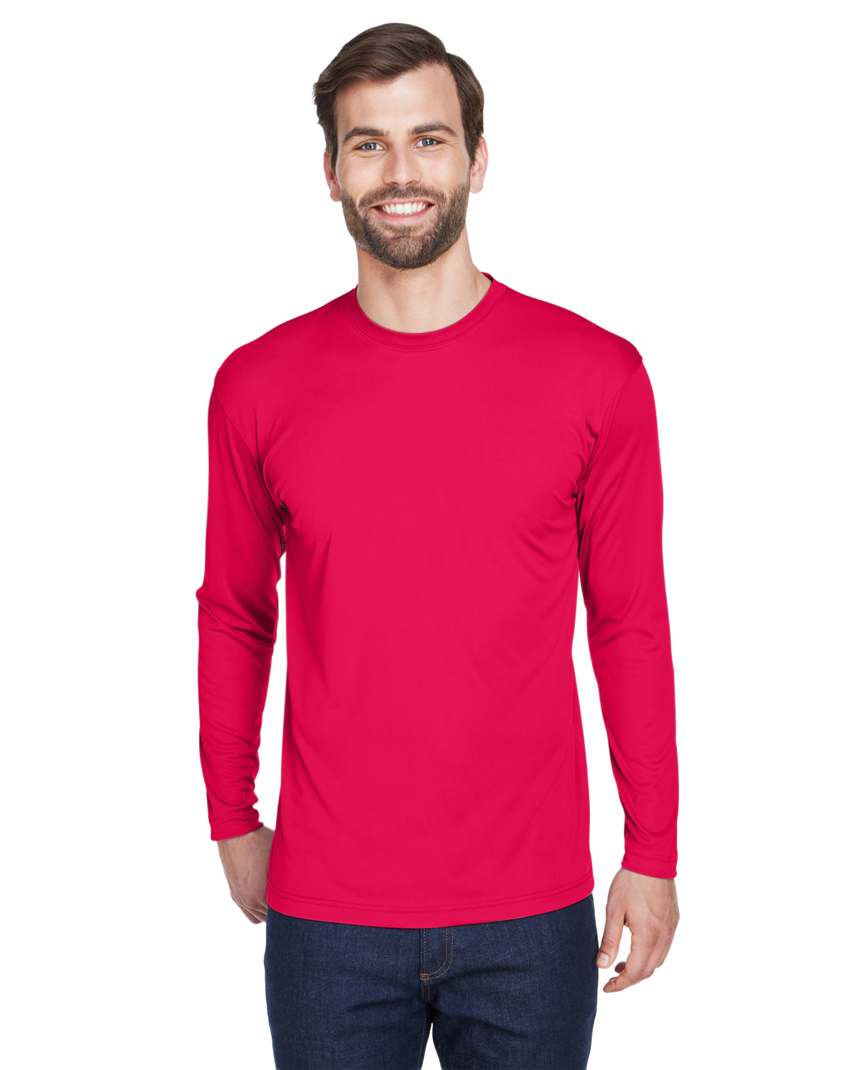 Man wearing an UltraClub Adult Cool & Dry Performance Sport Long-Sleeve T-Shirt in Red.