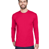 Man wearing an UltraClub Adult Cool & Dry Performance Sport Long-Sleeve T-Shirt in Red.