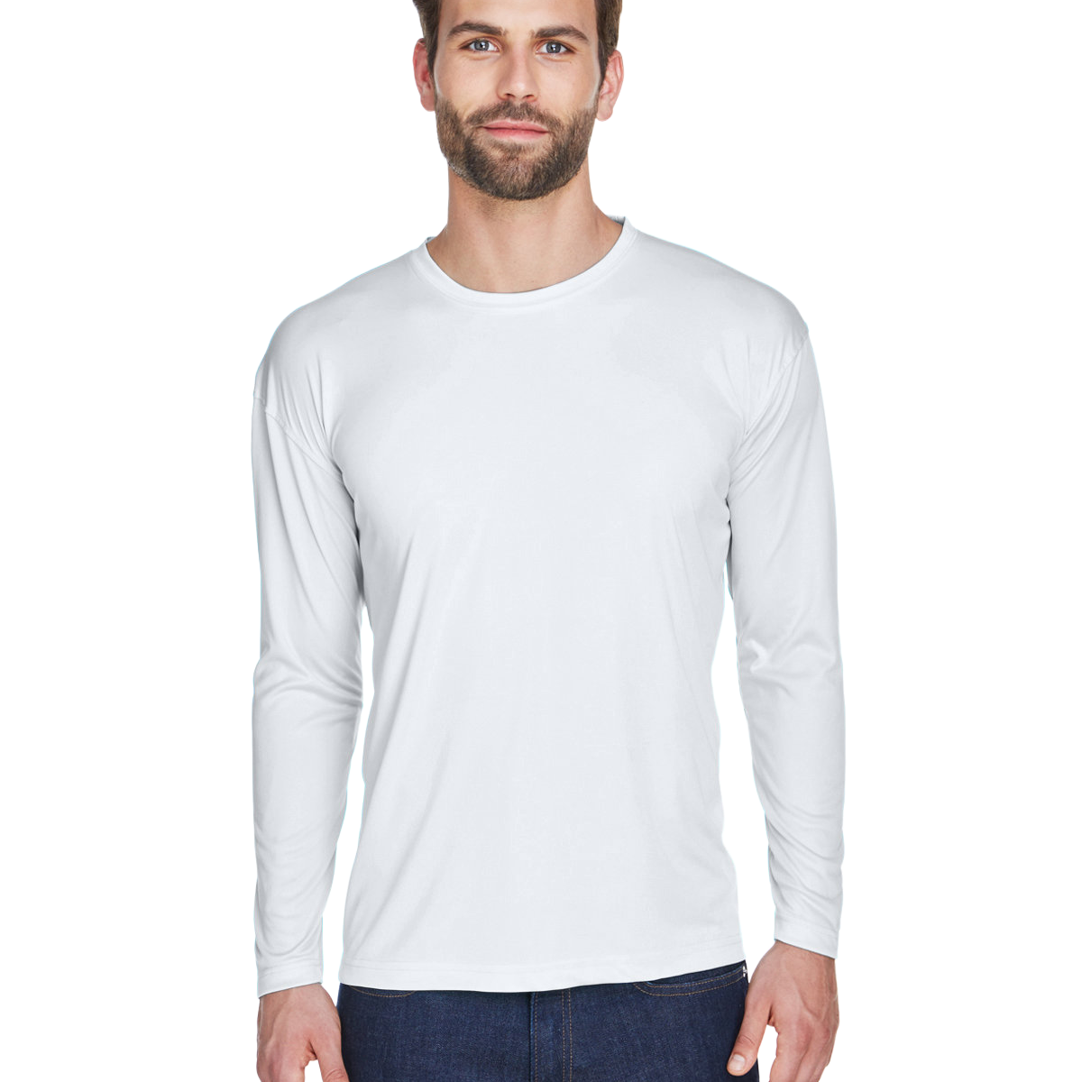 Man wearing an UltraClub Adult Cool & Dry Performance Sport Long-Sleeve T-Shirt in White