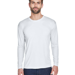 Man wearing an UltraClub Adult Cool & Dry Performance Sport Long-Sleeve T-Shirt in White