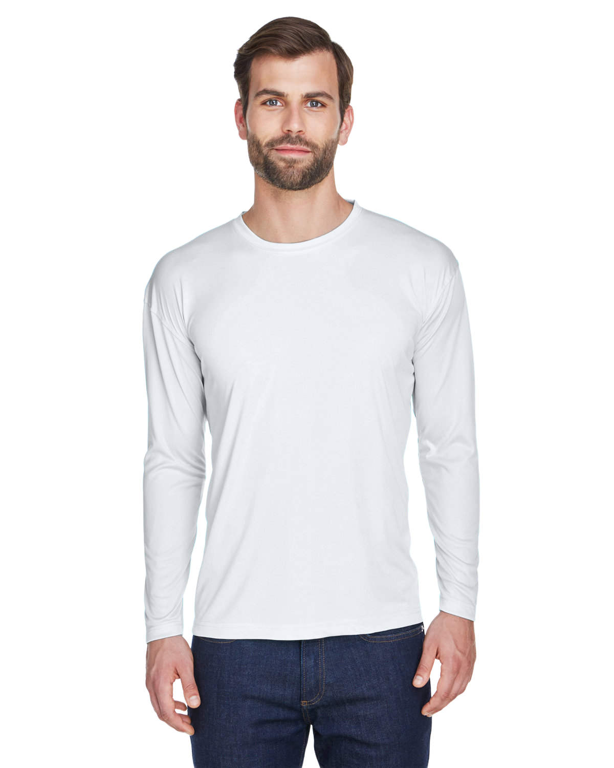 Man wearing an UltraClub Adult Cool & Dry Performance Sport Long-Sleeve T-Shirt in White