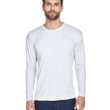 Man wearing an UltraClub Adult Cool & Dry Performance Sport Long-Sleeve T-Shirt in White