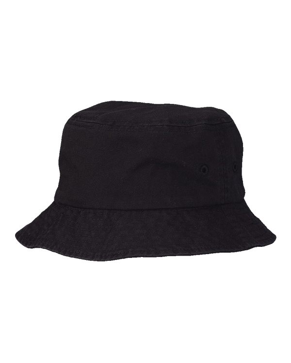 Black cotton bucket hat with stitched brim and side ventilation eyelets – custom promotional headwear by Print-MO.
