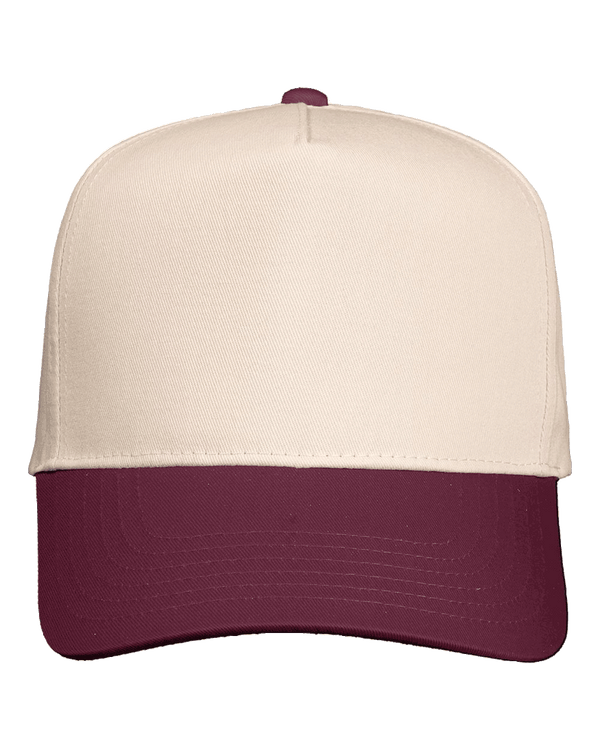 Valucap Natural Beige trucker cap with maroon curved brim and adjustable snapback – custom headwear by Print-MO.