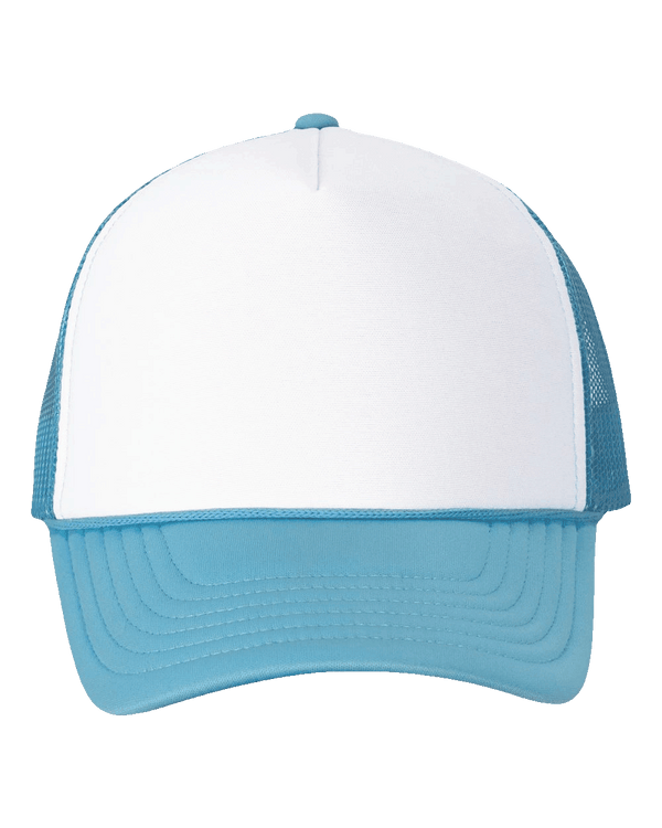 Valucap Baby Blue mesh-back trucker cap with white foam front panel, curved brim, rope accent, and adjustable snapback – custom headwear by Print-MO.